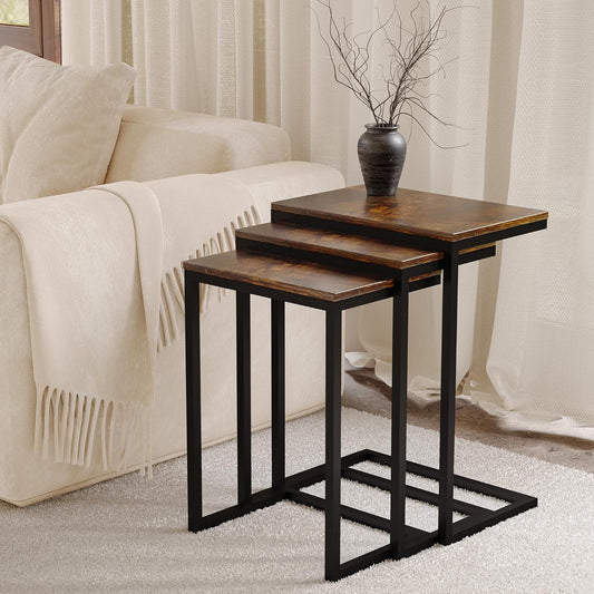 AnneFish Nesting Tables Set of 3, C type coffee table set, Modern Stacking Side Tables, End table with Steel Metal Legs for living room