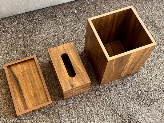 wood workers modern bathroom organizer set, wooden 3 piece set for living room bedroom dining kitchen, rustic rectangular trash bin, tissue box, tray set for office, vanity home decor accessories