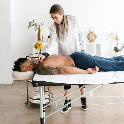 AWQM Massage Table 73 inch Massage Bed Spa Bed Aluminium Frame Height Adjustable 2 Fold Portable Facial Salon Tattoo Bed, Black