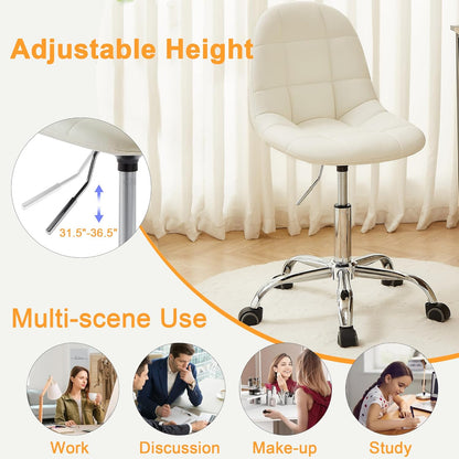 VECELO Armless Home Office Desk Chair, Height Adjustable, PU Leather 360 Degree Swivel with Wheels, Stylish Casual Vanity Seat for Study, Work, Makeup, Leisure, Weight up to 330 Lbs, White