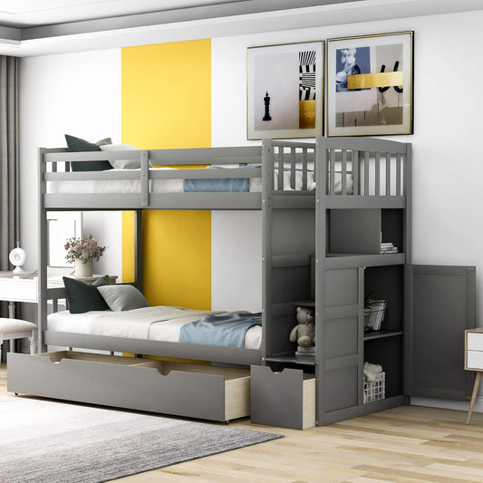 Harper & Bright Designs Twin Over Full Bunk Bed?Twin Bunk Bed for Kids,Bed Frame with Convertible Bottom Bed, Storage Shelves and Drawers for Kids,Adults(Grey)