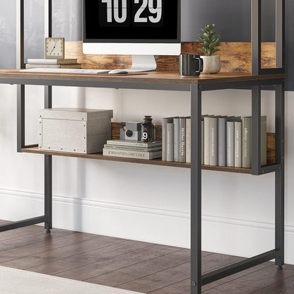 CubiCubi Computer Desk with Hutch and Storage Shelves, 47 Inch Home Office Desks with Bookshelf, Modern Office Writing Desk, Brown
