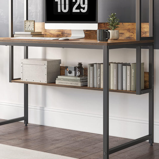 CubiCubi Computer Desk with Hutch and Storage Shelves, 47 Inch Home Office Desks with Bookshelf, Modern Office Writing Desk, Brown