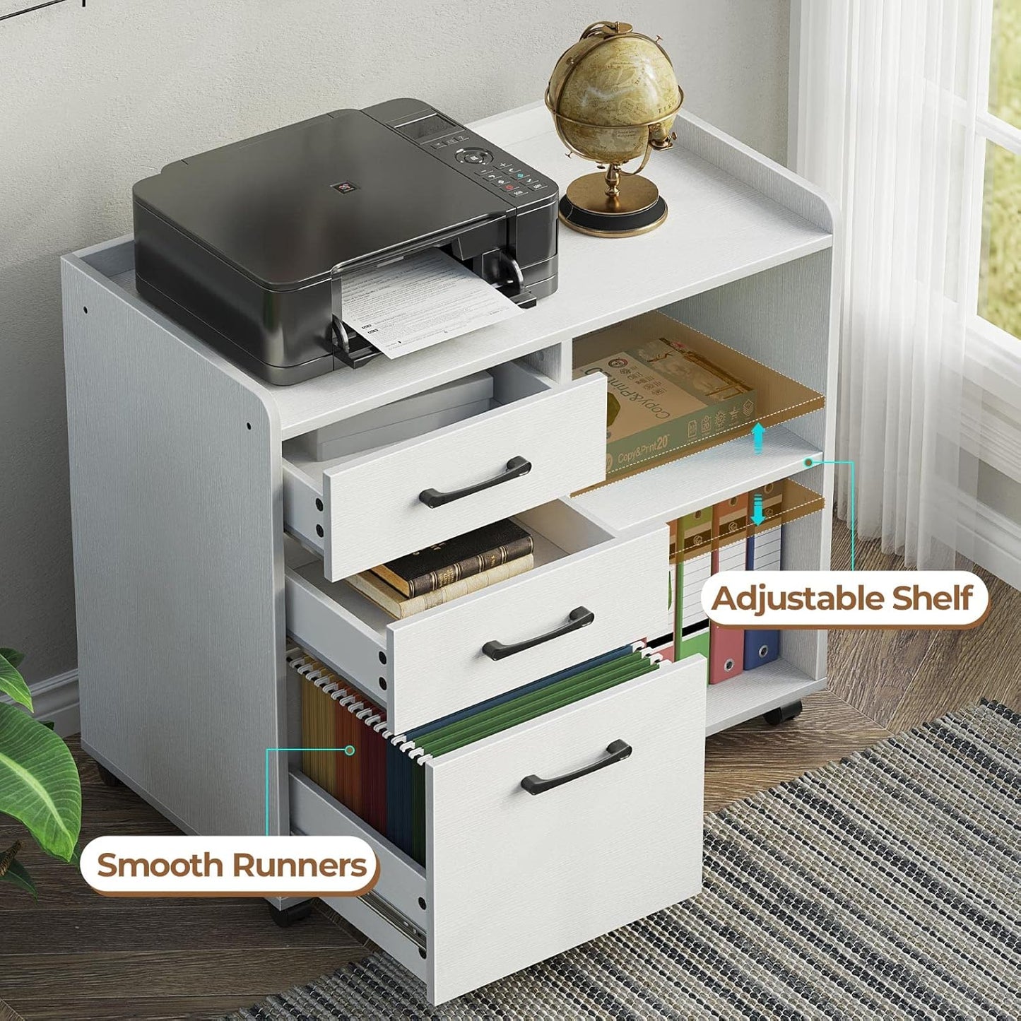 Rolanstar File Cabinet 3-Drawers, Mobile Lateral Printer Stand with Open Storage Shelf, Rolling Filing Cabinet with Wheels for A4/Letter Size,White