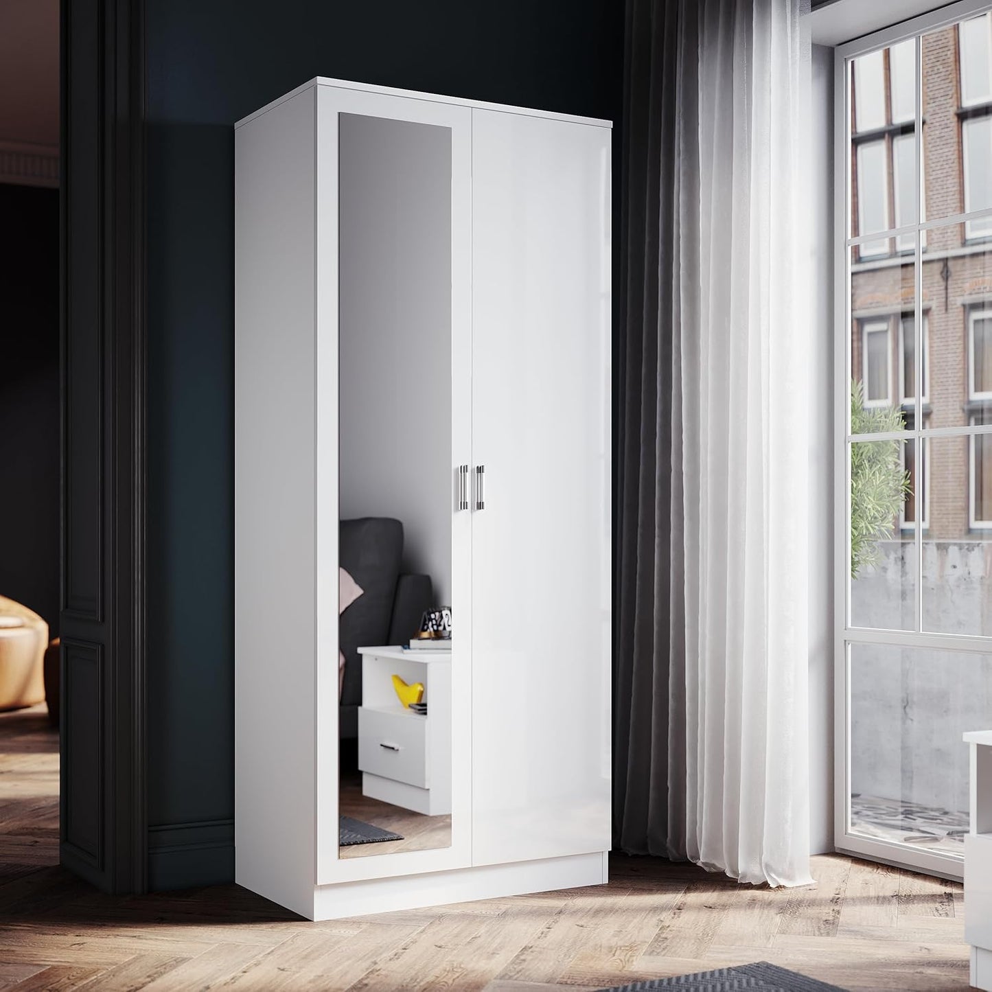 SONNI Modern Kleiderschrank 2-tÃ¼rig mit viel Stauraum, Vielseitiger DrehtÃ¼renschrank in WeiÃŸ mit SpiegeltÃ¼r, Kleiner bis mittelgroÃŸer Kleiderschrank, 76cm(B) x47cm(T) x180cm(H)