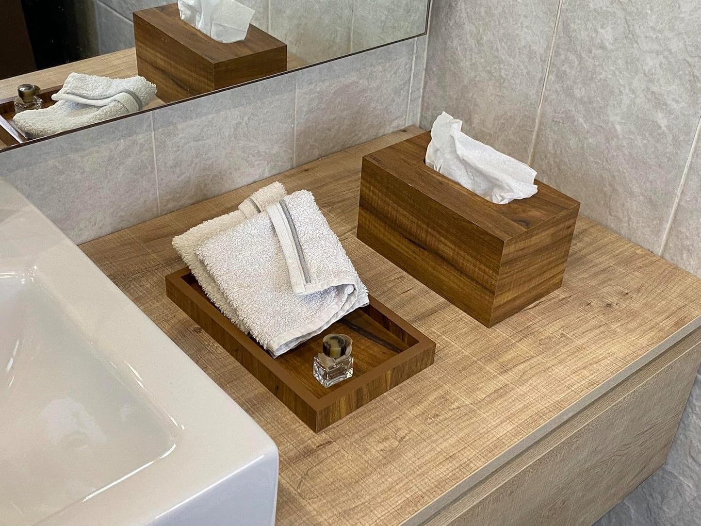 wood workers modern bathroom organizer set, wooden 3 piece set for living room bedroom dining kitchen, rustic rectangular trash bin, tissue box, tray set for office, vanity home decor accessories