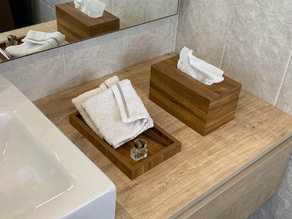 wood workers modern bathroom organizer set, wooden 3 piece set for living room bedroom dining kitchen, rustic rectangular trash bin, tissue box, tray set for office, vanity home decor accessories