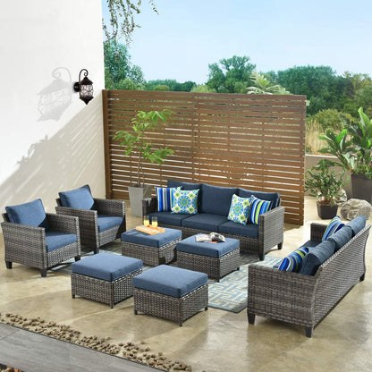 OVIOS Modern 8 PCS High Back Outdoor Furniture Set, Wicker & Steel, Grey-Denim Blue