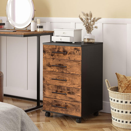 HOOBRO 5-Drawer Chest, File Cabinet, Office Cabinet, Filing Cabinet with Drawers, Wooden Cabinet with Wheels, Storage Cabinet for Makeup, for Home Office, Study, Easy Assembly, Rustic Brown BF05WJ01