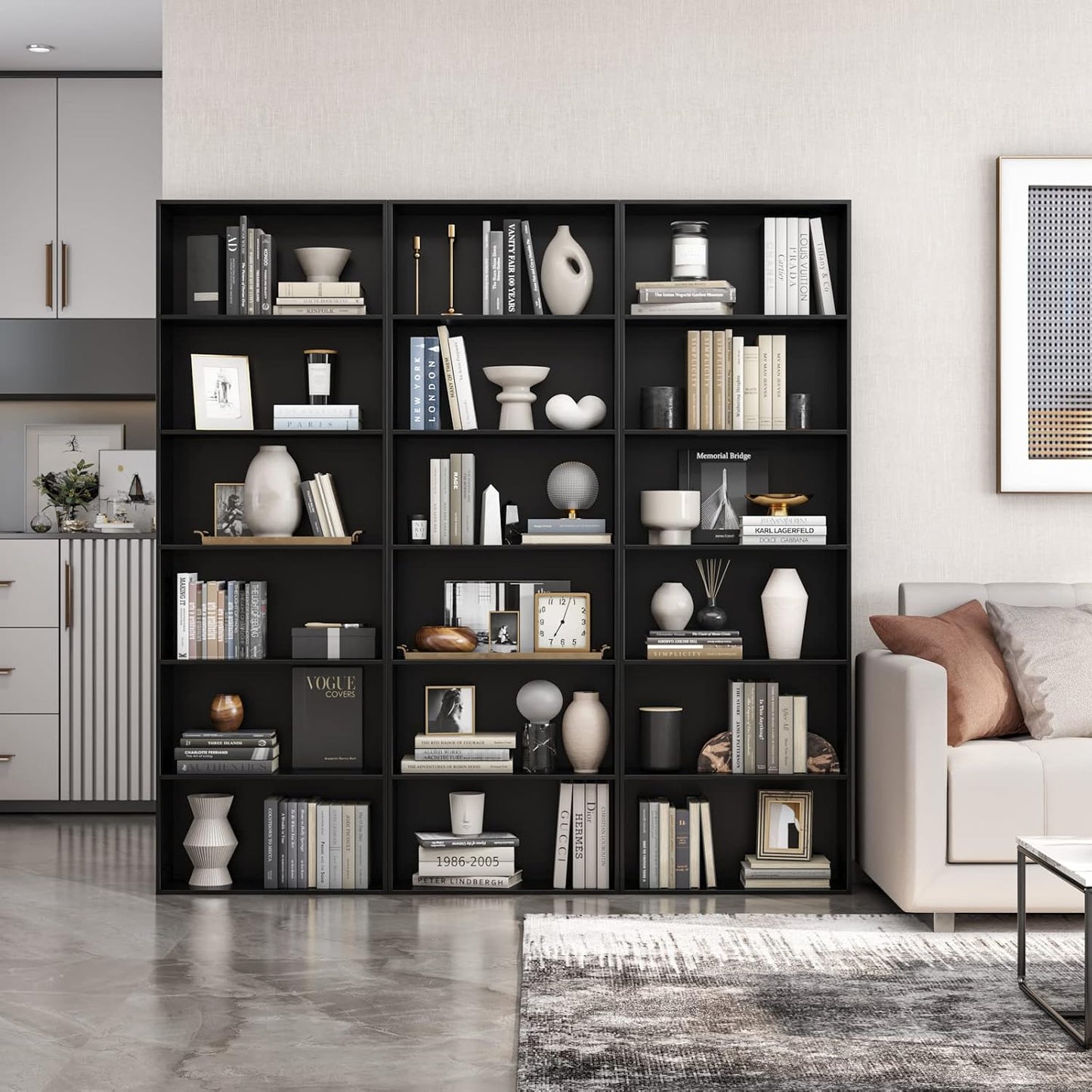FirFurd Bookcase 6 Tiers Bookshelf Black Tall Display Shelf Freestanding Wooden Storage Unit for Living Room Bedroom Office 60x23.5x180cm