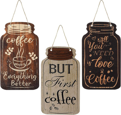 Jetec Wood Coffee Sign Mason Jar Wall Hanging Plaque - Farmhouse Coffee Bar Decor for Kitchen, Office, Home Wall and Table (Classic Style)