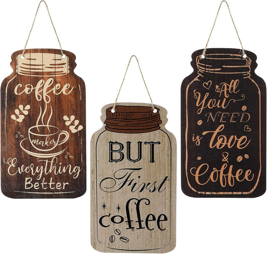 Jetec Wood Coffee Sign Mason Jar Wall Hanging Plaque - Farmhouse Coffee Bar Decor for Kitchen, Office, Home Wall and Table (Classic Style)