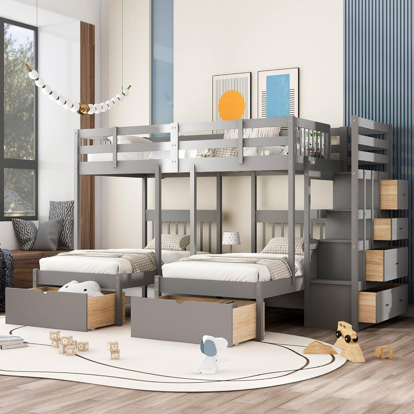 Flieks Triple Bunk Bed Full Over 2 Twin Bunk Bed with 7 Drawers and Staircase, Bunk Bed for Family, Teens, No Box Spring Needed, Grey, (LT000443)