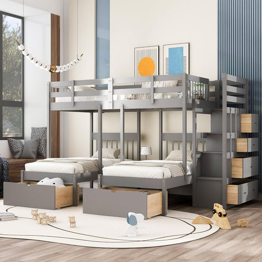 Flieks Triple Bunk Bed Full Over 2 Twin Bunk Bed with 7 Drawers and Staircase, Bunk Bed for Family, Teens, No Box Spring Needed, Grey, (LT000443)