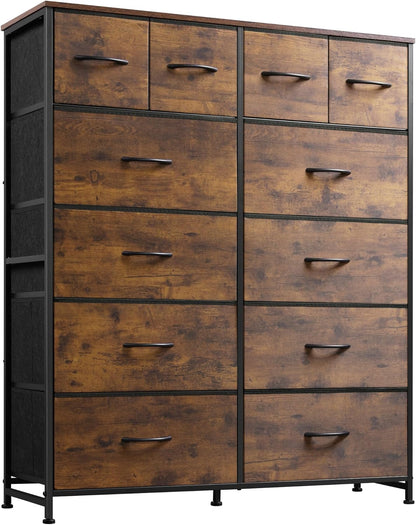 WLIVE Tall Dresser for Bedroom with 12 Drawers, Chests of Drawers, Fabric Dresser for Bedroom, Closet, Fabric Storage Dressers with Drawers, Steel Frame, Rustic Brown Wood Grain Print