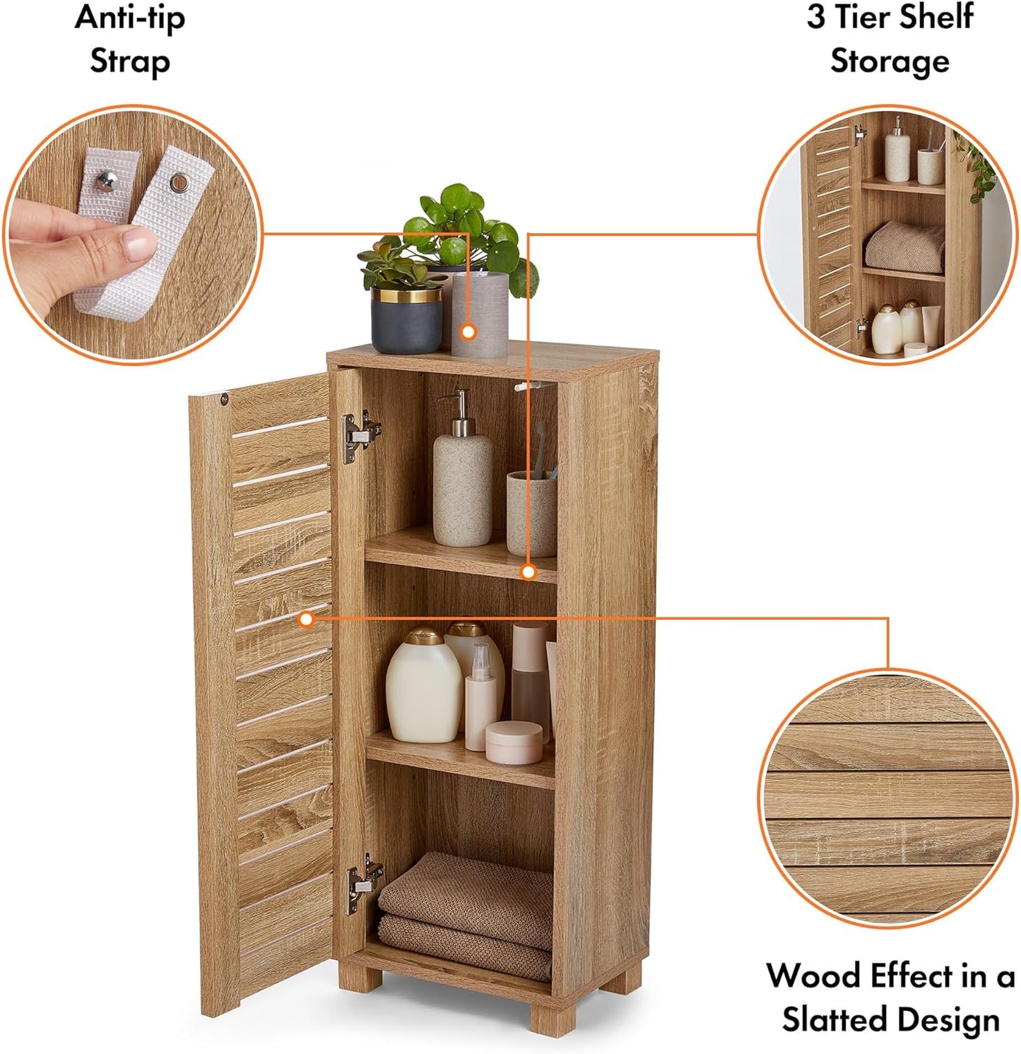 VonHaus Bathroom Storage Cabinet – Oak Wood Effect Bathroom Floor Cabinet w/Handleless Design - Small Floor Standing Cabinet w/Cupboard - Storage Unit for Bathroom, Kitchen & Hallway - Chester