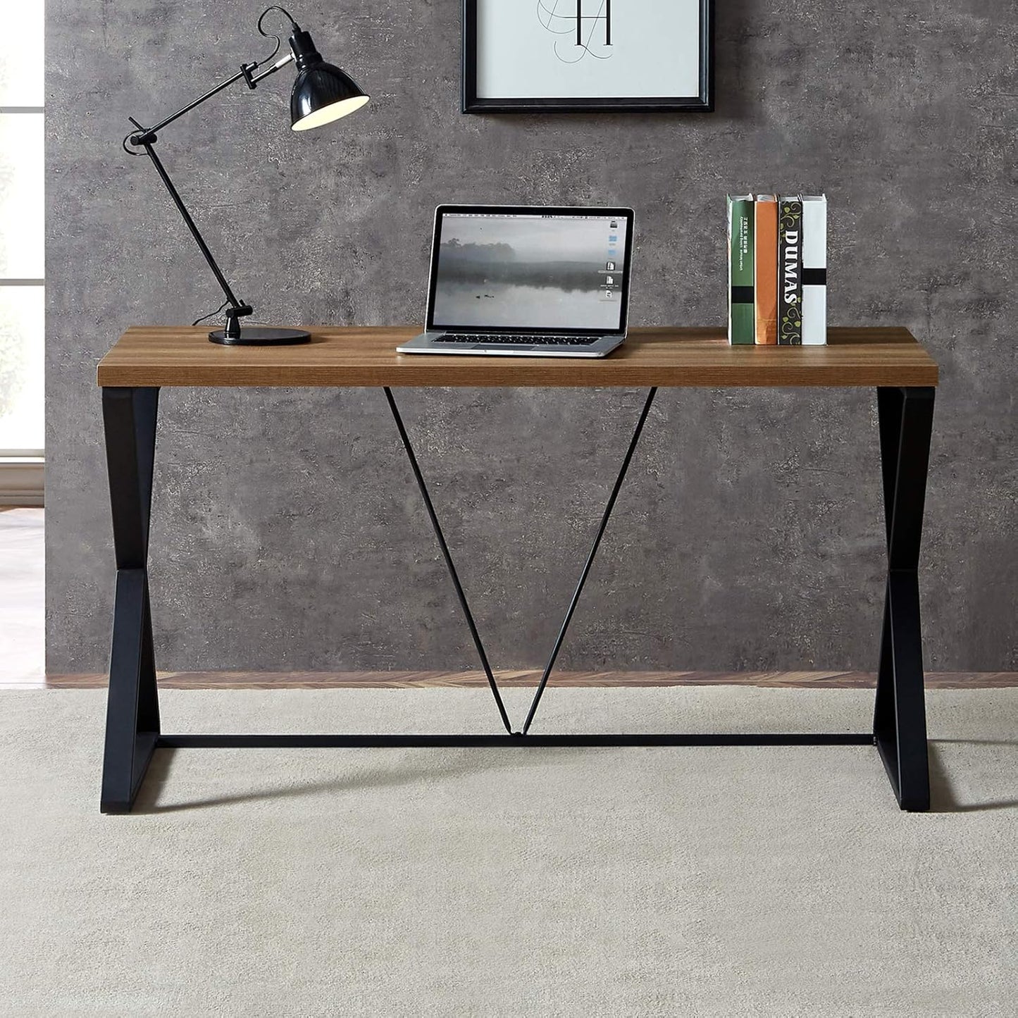 dyh Computer Desk, Rustic Wood and Metal X Writing Desk, Wood Table for Home Office, 55 inch