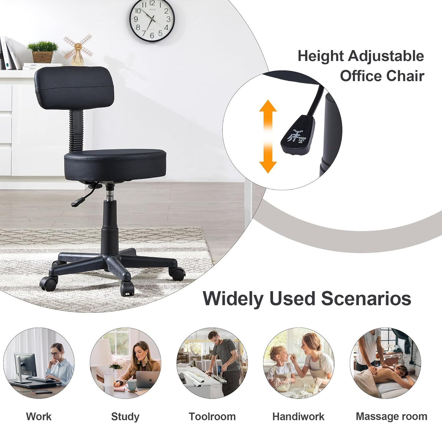 VECELO Home Office Desk Chair with Backrest for Garage Shop Workbench Kitchen Medical Salon, with Wheels, Height Adjustable, Swivel, Easy to Move, Black, Set of 1