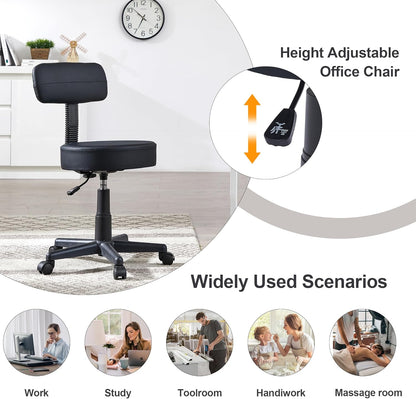 VECELO Home Office Desk Chair with Backrest for Garage Shop Workbench Kitchen Medical Salon, with Wheels, Height Adjustable, Swivel, Easy to Move, Black, Set of 1