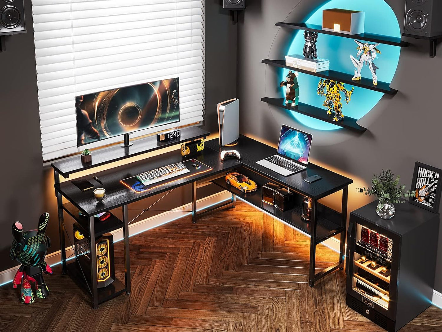 ODK 61" Reversible L Shaped Computer Desk, Modern Black Corner Desk with Storage Shelves & Monitor Stand, Home Office, Gaming, Writing Desk