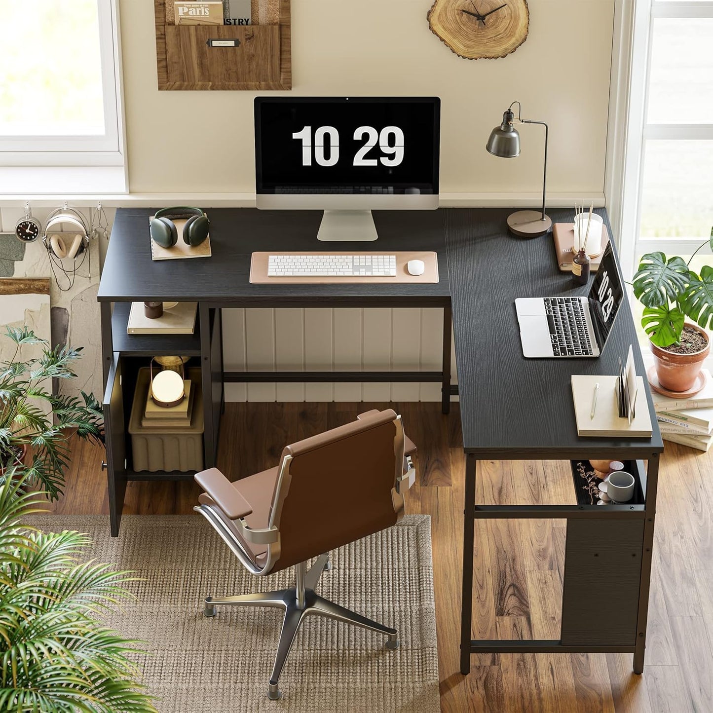 FurniFlex L-Shaped Computer Desk with File Cabinets, 59.1-Inch Size, Black