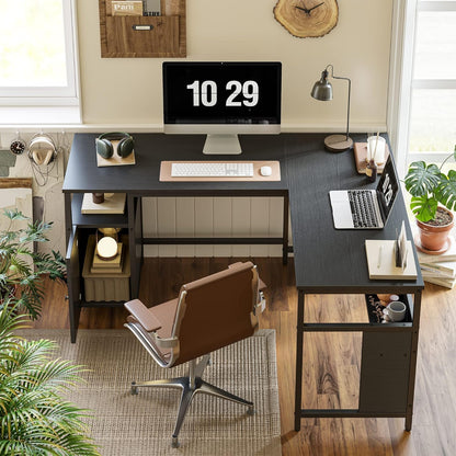 FurniFlex L-Shaped Computer Desk with File Cabinets, 59.1-Inch Size, Black