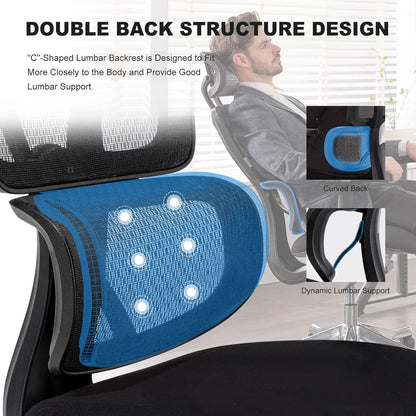 Ergonomic Office Chair, Home Office Desk Chair with Adjustable Headrest & Armrest, High Back Mesh Computer Chair with Thickened Cushion & Dynamic Lumbar Supportï¼Œ360° Swivel Chair for Home Office