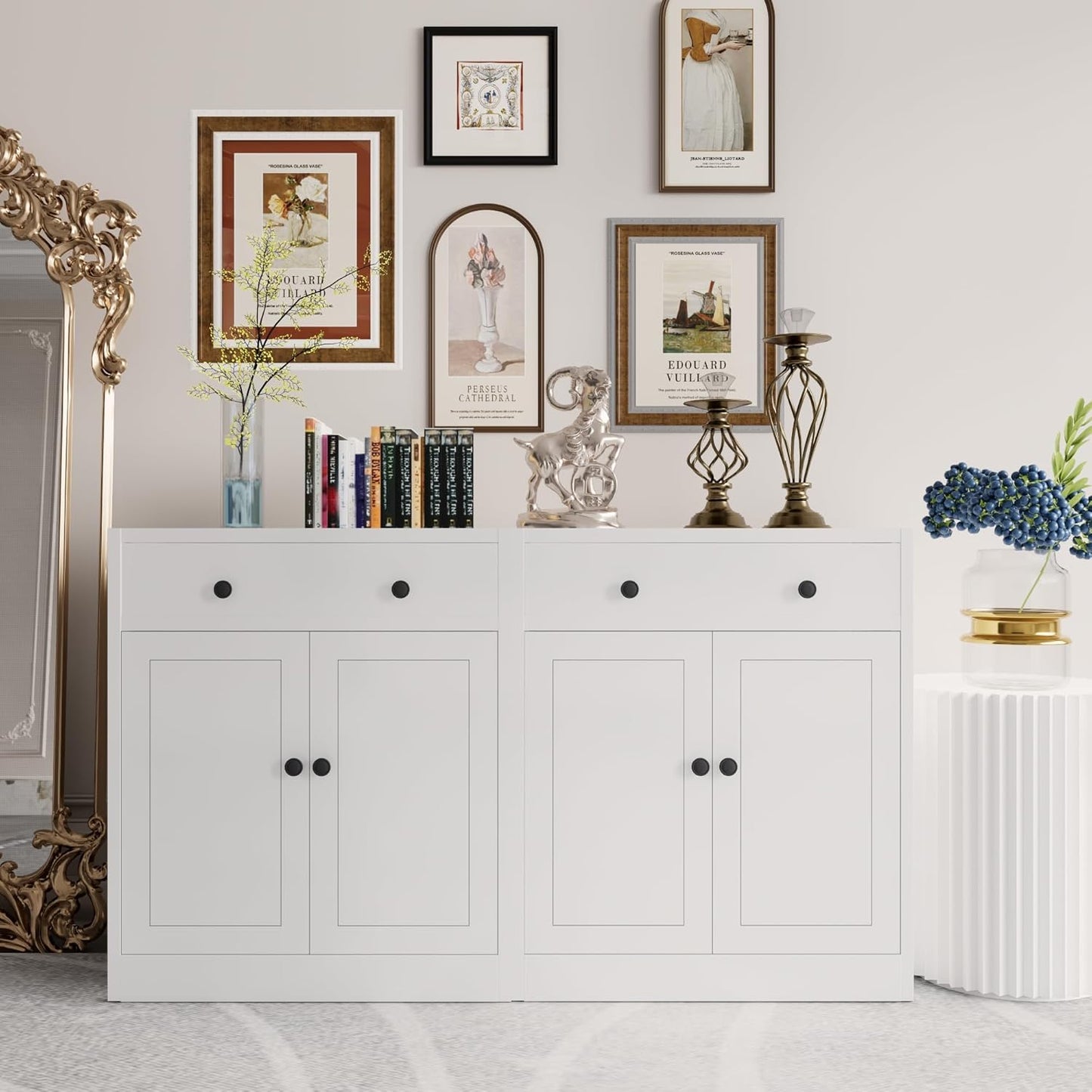 CJF Modern White Large Rectangular Floor Standing Cabinet with 1 Drawer & 2 Adjustable Shelves, Ideal for Entryway, Kitchen Pantry, Dining Room Buffet, Living Room Storage, Bathroom, Office Coffee Bar