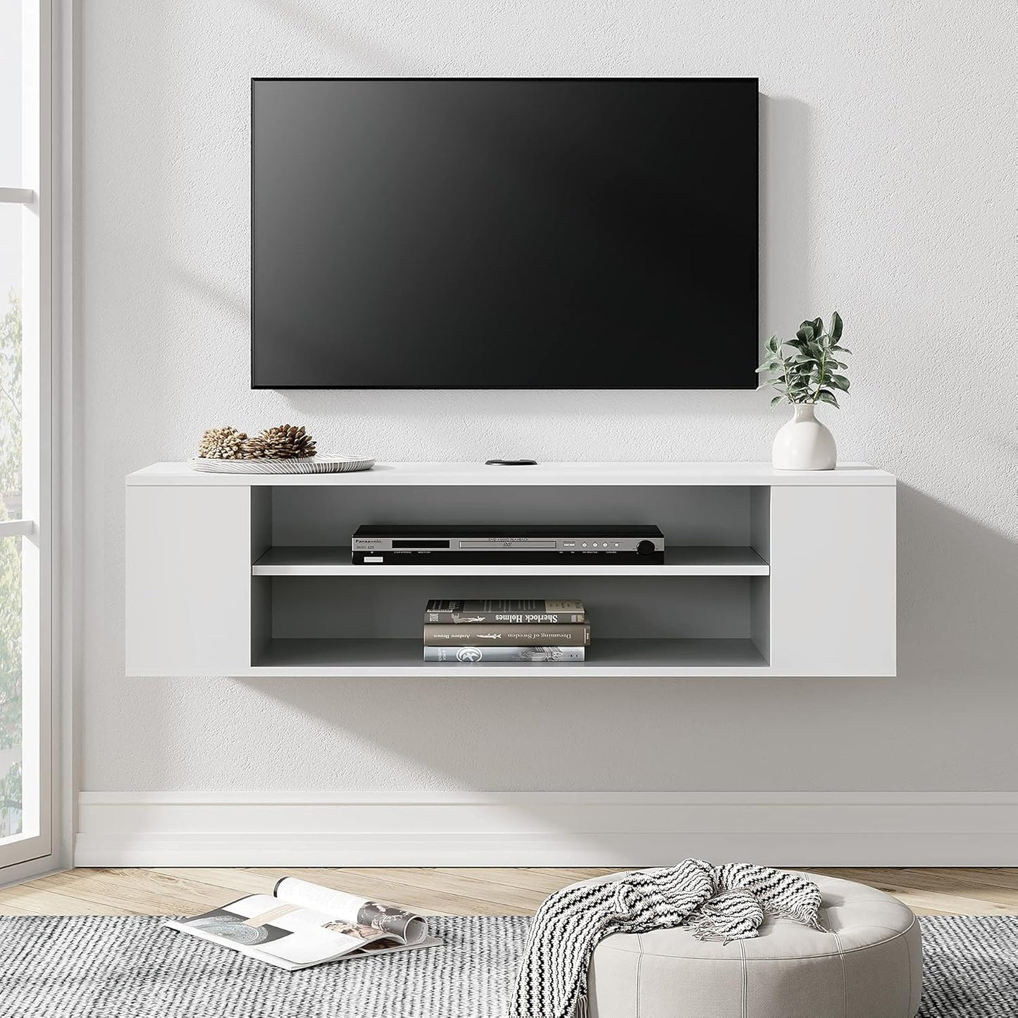 WAMPAT White Floating TV Stand Wall Mounted Shelf Entertainment Center Wood Media Console Storage TV Cabinet Hutch Under TV Desk for Living Room,White,39 Inch
