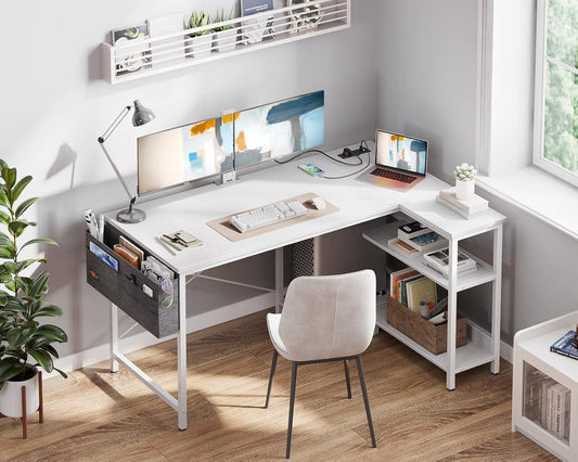 ODK 48 Inch Small L Shaped Gaming Computer Desk with Power Outlets, Reversible Storage Shelves & PC Stand for Home Office, Simple Writing Study Table with Storage Bag for Small Space, White