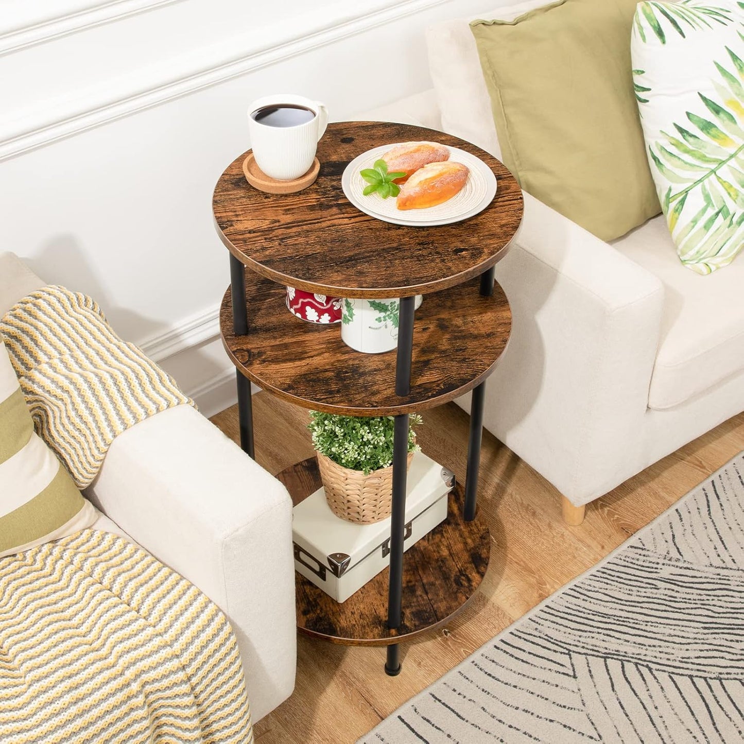 HOOBRO Tall Sofa Side Table, Small Round Coffee Table with Storage, Industrial Telephone Table for Small Space, Bedside Table, for Living Room, Bedroom, Summerhouse, Rustic Brown and Black EBF30DH01