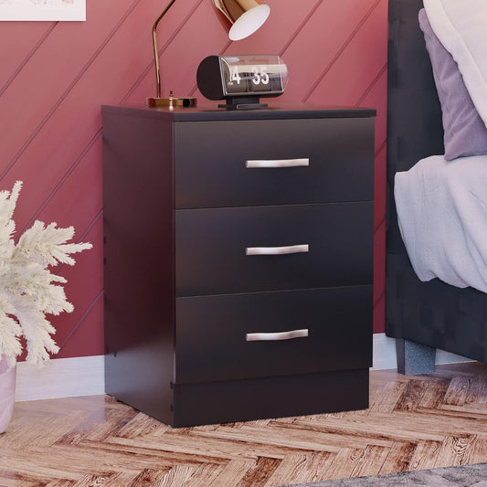 Vida Designs Large Black Bedside Cabinet Chest of Drawers, 3 Drawer With Metal Handles and Runners, Unique Anti-Bowing Drawer Support, Riano Bedroom Furniture