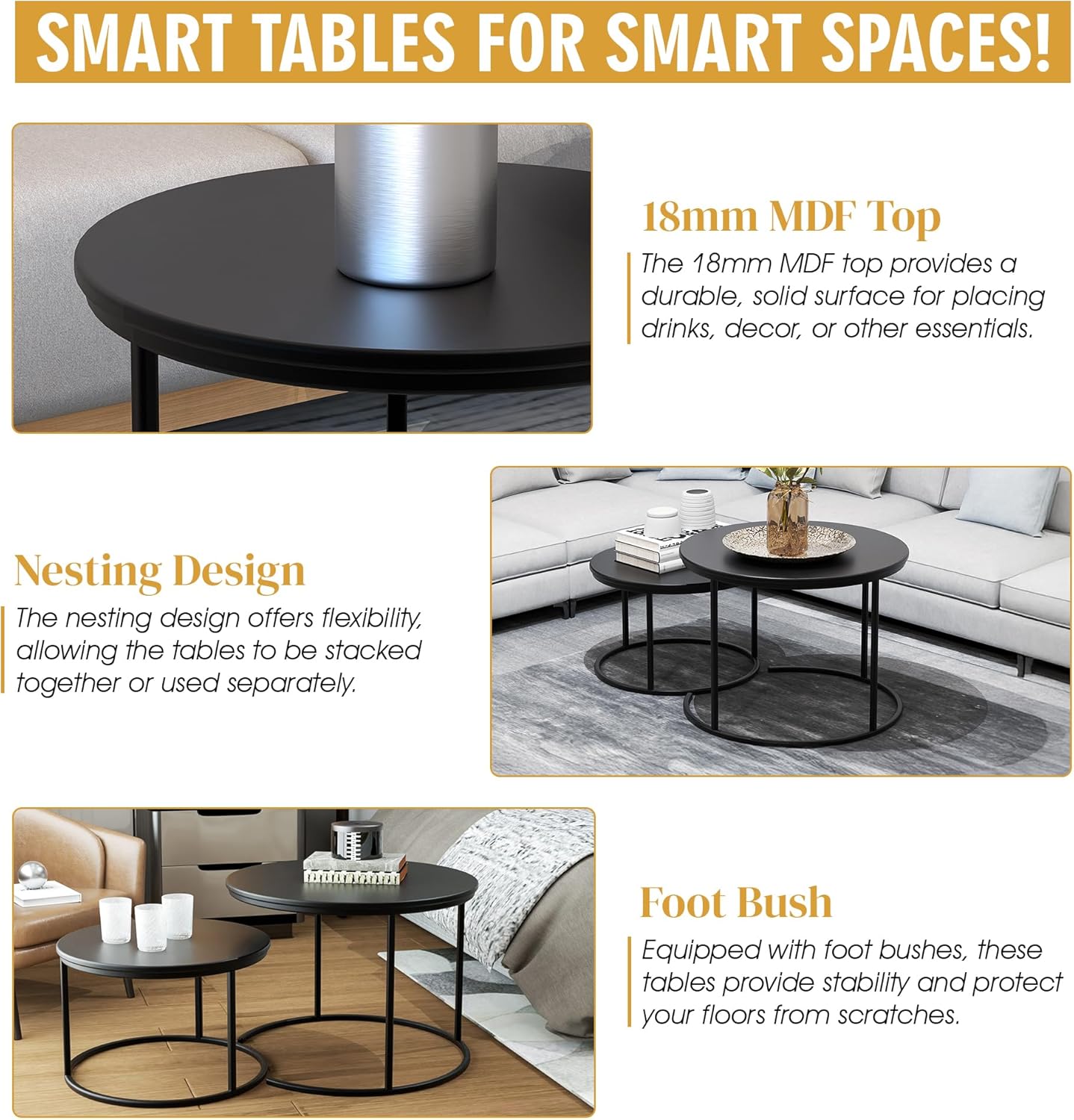 RIGID Nesting Tables Set of 2 Wood Coffee Table Round, Farmhouse End Tables for Living Room, Small Couch Tea Table, Industrial Stacking Side Tables with Sturdy Steel Metal Frame