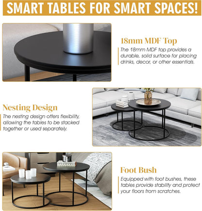 RIGID Nesting Tables Set of 2 Wood Coffee Table Round, Farmhouse End Tables for Living Room, Small Couch Tea Table, Industrial Stacking Side Tables with Sturdy Steel Metal Frame