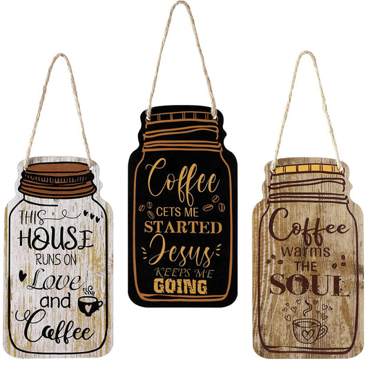 Jetec 3 Pcs Coffee Bar Sign Mason Jar Wall Hanging Plaque Farmhouse Kitchen Decor Wooden Sign for Home Living Room Wall Decorations
