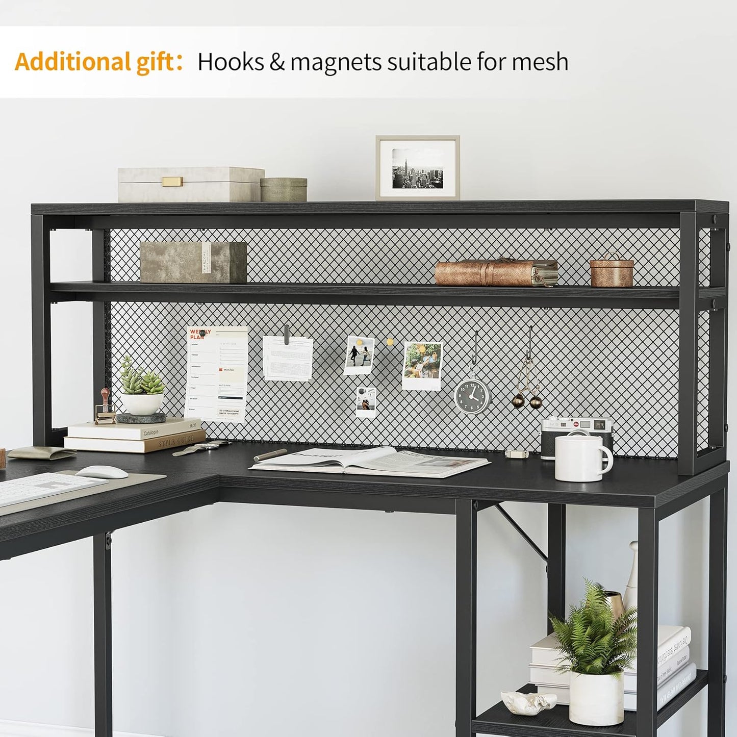 CubiCubi L Shaped Computer Desk with Hutch & Iron Mesh, 59 inch Large Home Office Desk with Storage Shelves, Study Table Writing Desk Workstation, Black