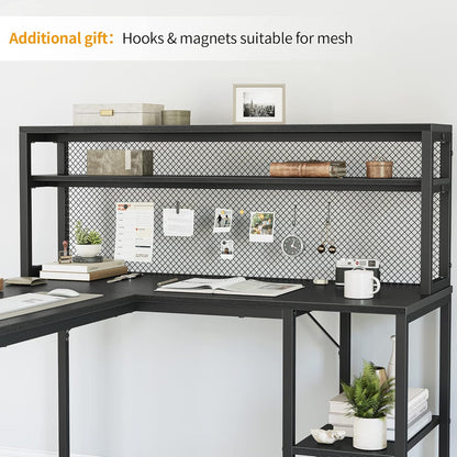CubiCubi L Shaped Computer Desk with Hutch & Iron Mesh, 59 inch Large Home Office Desk with Storage Shelves, Study Table Writing Desk Workstation, Black