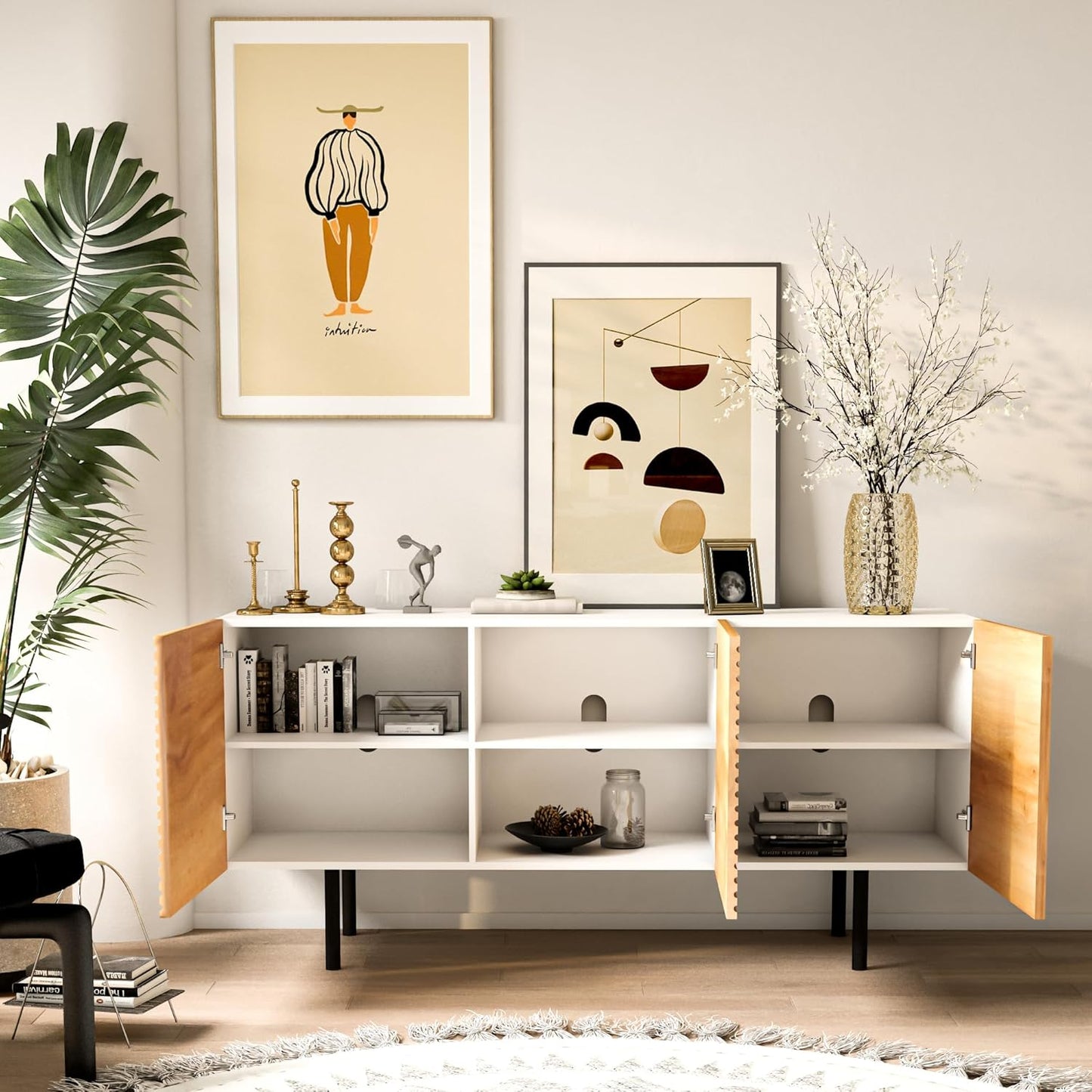 roomfitters Modern TV Cabinet, TV Unit for TVs up to 65”, Wood TV Stand Cabinet, Mid Century TV Media Units with Storage, TV Cupboard for Living Room, Wood Print Carved Geometric Design