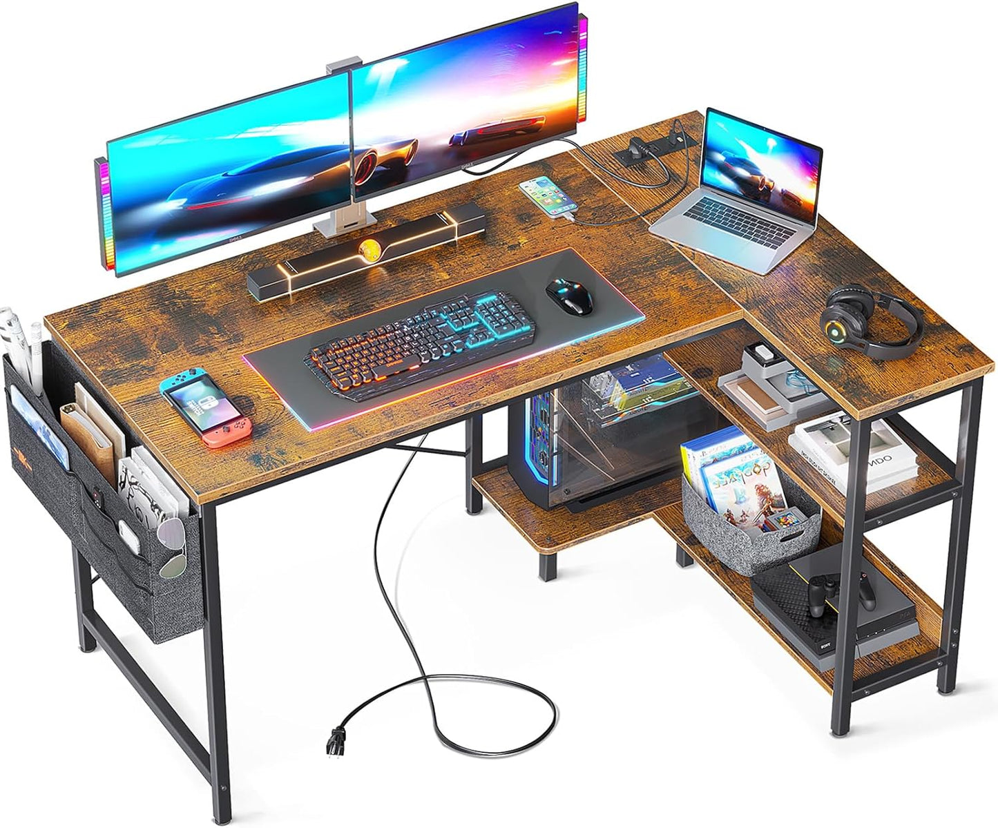 ODK 48 Inch Small L Shaped Gaming Computer Desk with Power Outlets, Reversible Storage Shelves & PC Stand for Home Office, Simple Writing Study Table with Storage Bag for Small Space, Vintage