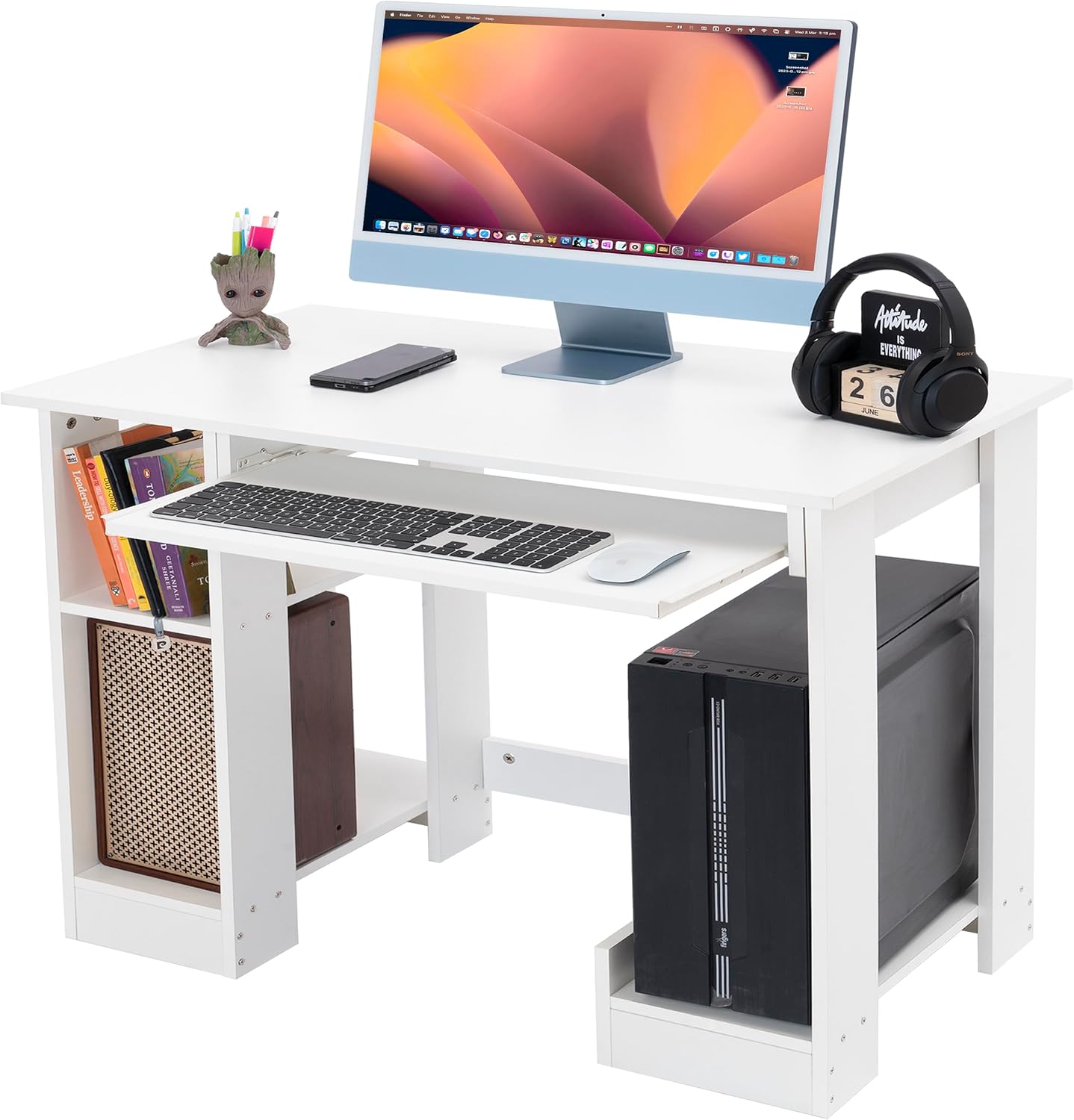 Blisswood Home Office Desk, White Computer Desk With Shelves & Sliding Keyboard Tray PC Laptop Table For Writing Workstation Bedroom Study Furniture (90 x 50 x 75CM)