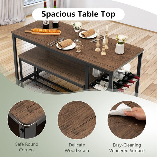 TANGZON Dining Table and 2 Bench Set, 3 Pieces Kitchen Dining Table Set with Wine Rack, Glass Holder & Storage Shelf, Space-Saving Breakfast Dining Furniture for Home Living Room Restaurant (Wooden)