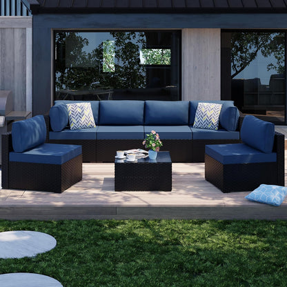 Shintenchi 7 Pieces Outdoor Patio Sectional Sofa Couch, Black Wicker Furniture Conversation Sets with Washable Cushions & Glass Coffee Table for Garden, Poolside, Backyard (Aegean Blue)