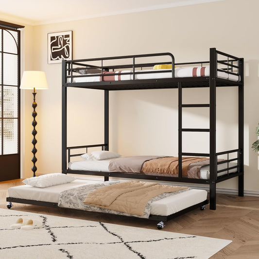 Moimhear Iron Bunk Bed, Suitable for Children and Teenagers, with Pull-Out Bed, Four Side Bars on the Top Bed, Iron, 90 x 200 cm and 90 x 190 cm