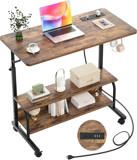 armocity Height Adjustable Standing Desk with Power Outlets, 32" Manual Stand Up Desk with Storage Shelves Small Mobile Rolling Computer Desk Portable Laptop Table with Wheels for Home Office, Rustic
