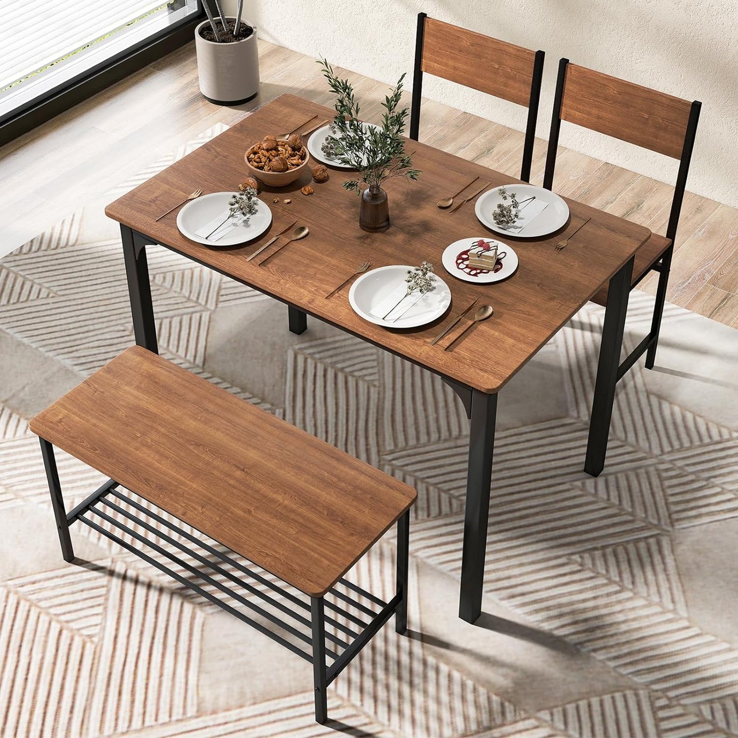 RELAX4LIFE Dining Table Set 4-Piece Dining Room Table with 2 Chairs & Bench, Seating Set with Storage Shelf, Bar Table with Metal Frame, Industrial Design, Dining Room Set for Kitchen, Dining Room