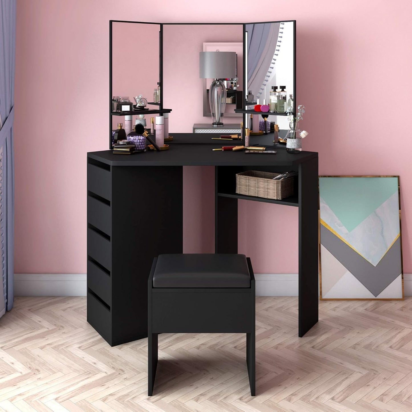 Panana Dressing Table MDF Corner Makeup Table with 3 Mirrors, 5 Drawers, 1 Compatiment and Bedroom Stool, 109 cm (L) x 55 cm (W) x 140 cm (H) (Black)