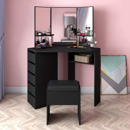 Panana Dressing Table MDF Corner Makeup Table with 3 Mirrors, 5 Drawers, 1 Compatiment and Bedroom Stool, 109 cm (L) x 55 cm (W) x 140 cm (H) (Black)