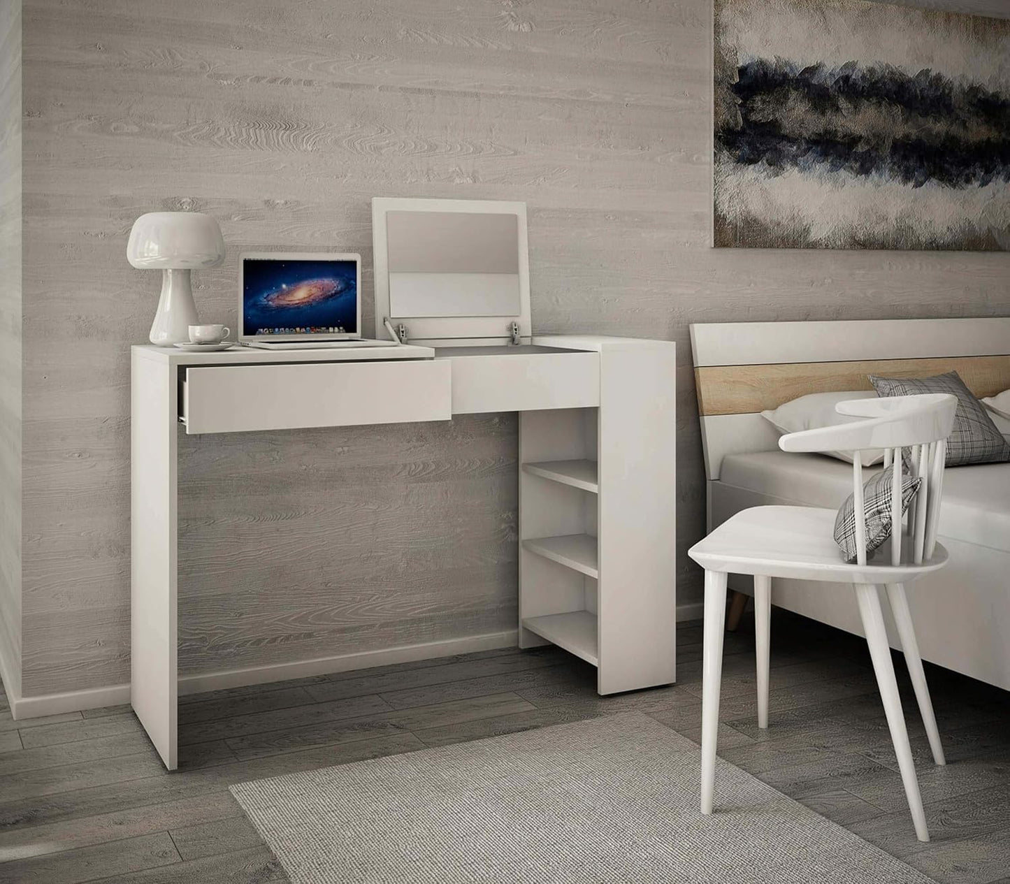 MATKAM Opera Maxi Schminktisch H 78 x B 114 x T 40 cm, mit ausklappbarem Spiegel H 21 x B 34 cm mit Ablage, 3 seitliche AblagefÃ¤cher, 1 Schublade, aus laminierter Holzspanplatte (WeiÃŸ)