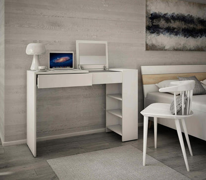 MATKAM Opera Maxi Schminktisch H 78 x B 114 x T 40 cm, mit ausklappbarem Spiegel H 21 x B 34 cm mit Ablage, 3 seitliche AblagefÃ¤cher, 1 Schublade, aus laminierter Holzspanplatte (WeiÃŸ)