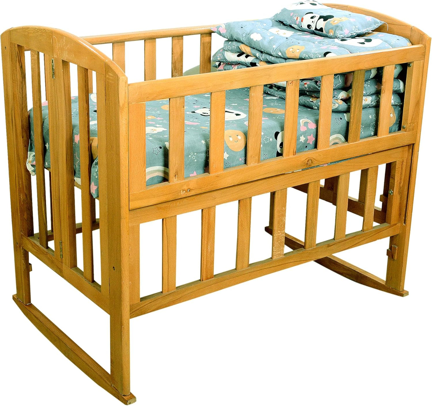 Beech Wood Baby Bed 3 Levels Side Opening for Easy Attachment for Mom Bed Comes with Free Gift Mattress + 4 Piece Fiber Sides Sheet Pillow